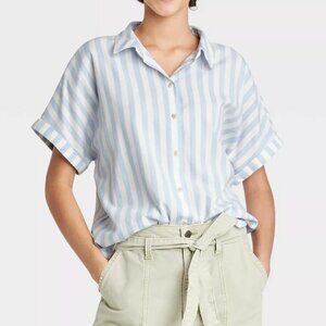 Coastal Grandmother Light Blue Striped Button Up